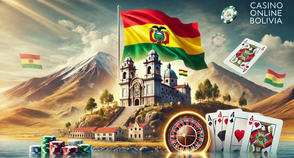 Casino online Bolivia texto con elementos de casino, banderas y símbolos nacionales.
